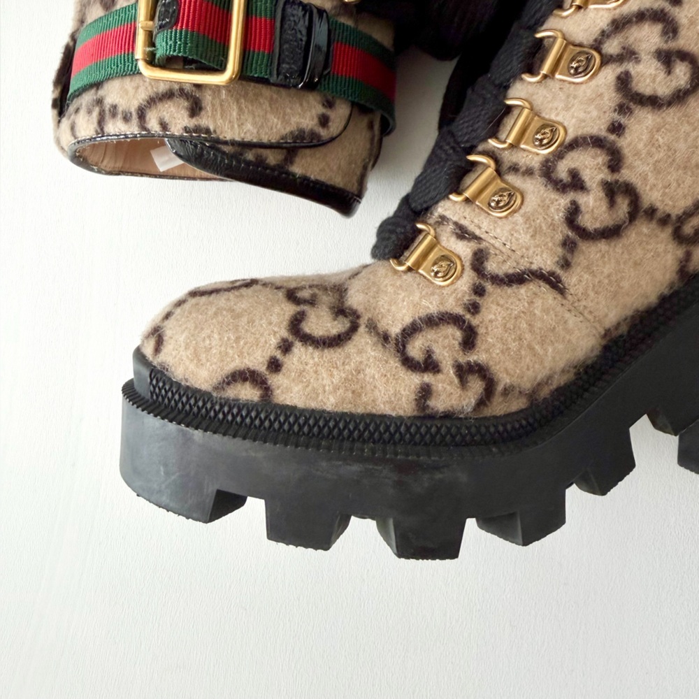 GUCCI | GG Wool Lug Sole Combat Boots Web Strap Ankle EU 38 - Picture 11 of 15